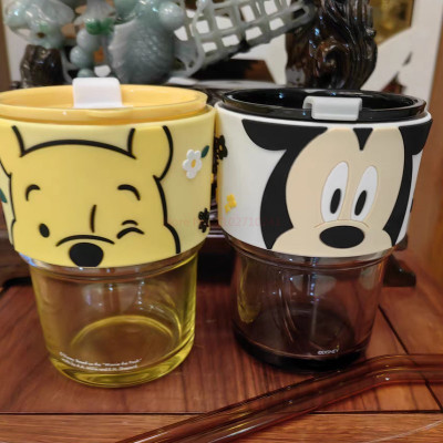 ديزني-كوب زجاجي مزدوج مع قش ، ميكي وميني ماوس ، زج...