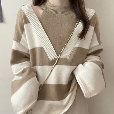 سترة فضفاضة مخططة محبوكة للنساء ، رقبة مستديرة ، م...