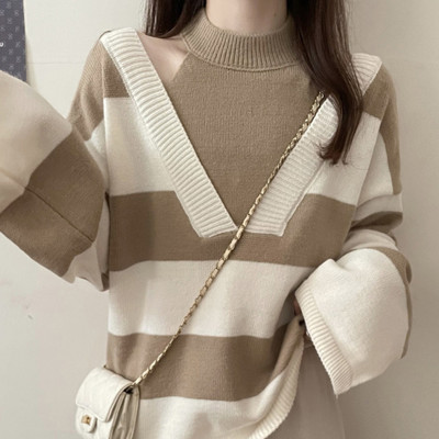 سترة فضفاضة مخططة محبوكة للنساء ، رقبة مستديرة ، م...