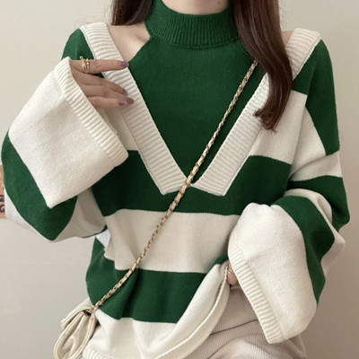 سترة فضفاضة مخططة محبوكة للنساء ، رقبة مستديرة ، م...