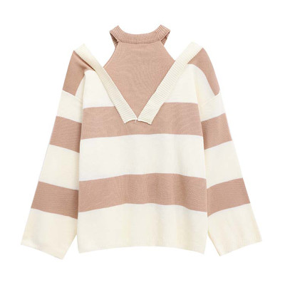 سترة فضفاضة مخططة محبوكة للنساء ، رقبة مستديرة ، م...