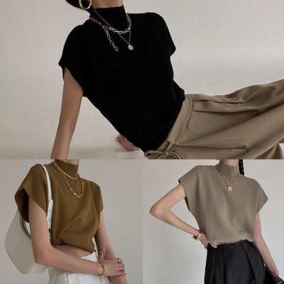 حار قصيرة الأكمام سترة قميص وبلوزات امرأة الوقوف ط...