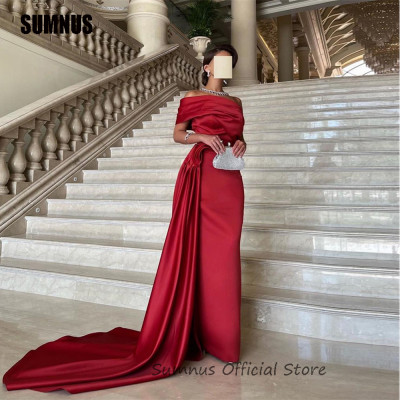 SUMNUS Red Satin Mermaid Evening Dresses One Shoul...