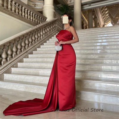 SUMNUS Red Satin Mermaid Evening Dresses One Shoul...