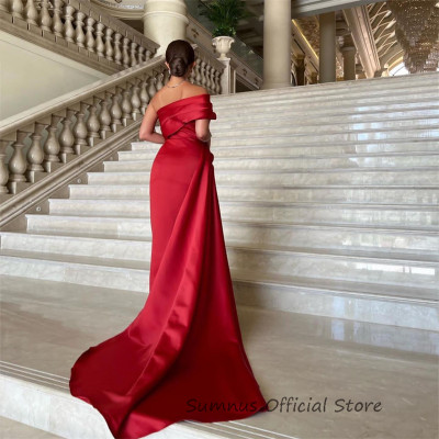 SUMNUS Red Satin Mermaid Evening Dresses One Shoul...