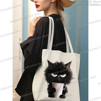 Woman fabric shoulder bag coffee cat black print s...