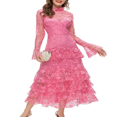 IEQJ فساتين مقسمة من الدانتيل للنساء بياقة واقفة و...